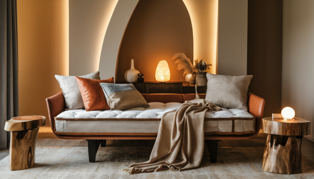 A modern living space featuring a futon mattress styled with soft pillows, a textured throw, warm ambient lighting, and minimal wooden furnishings.